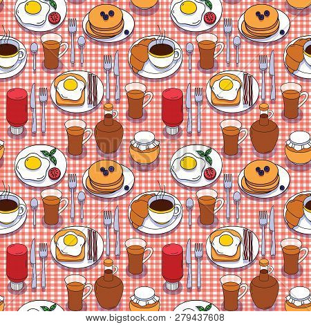 Vector Seamless Pattern Of Breakfast Food. Set Of Hand Drawn Meal For Breakfast. Top View Of Differe