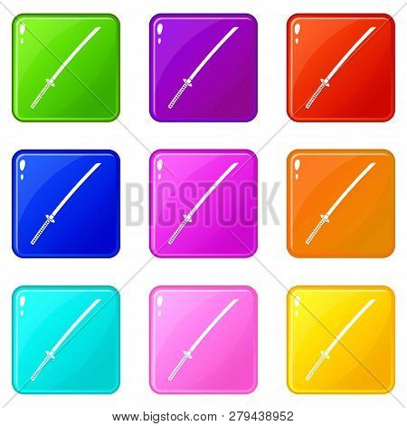 Japanese Katana Icons Of 9 Color Set Isolated Illustration