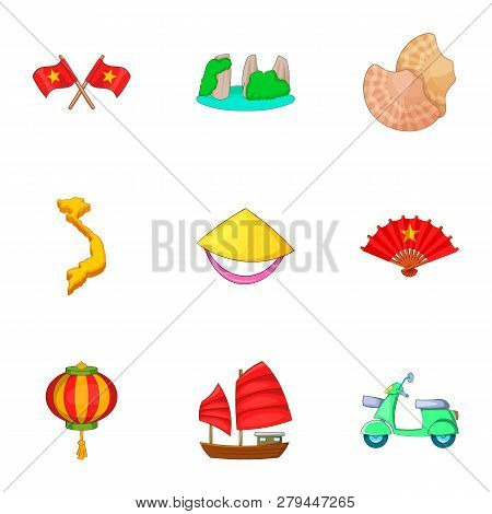 Typical Vietnam Icons Set. Cartoon Set Of 9 Typical Vietnam Icons For Web Isolated On White Backgrou