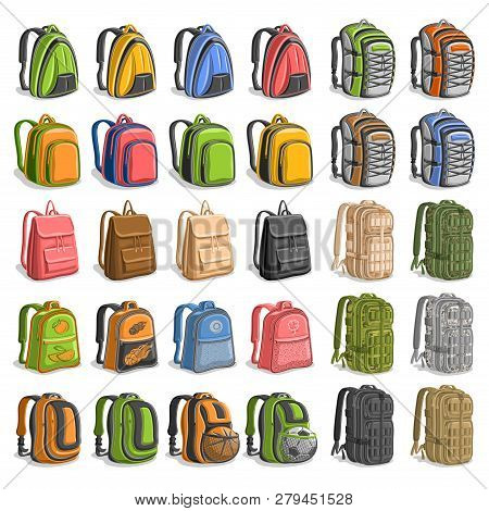 Vector Set Of Various Backpacks, 30 Cut Out Variety Bags With Straps And Handle For Army Or Trip, Mo