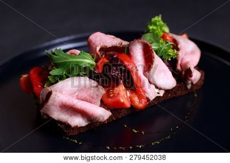 Traditional Danish Open Sandwich Smorrebrod With Roast Beef And Fresh Vegetable Salad, Healthy And D