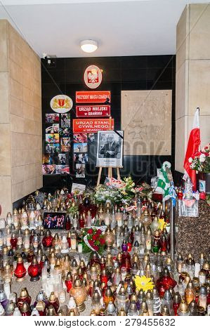 Gdansk, Poland - January 19, 2019:  Lots Of Candles At City Hall Of Gdansk At Night. Candles For Com