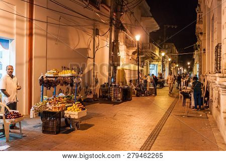 Santa Marta, Colombia - August 25, 2015: View Of A Night Street In The Center Of Santa Marta.
