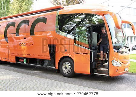 Ruzomberok, Slovakia - September 14, 2018: Official Bus Of The Professional Team Ccc Polkowice Befor