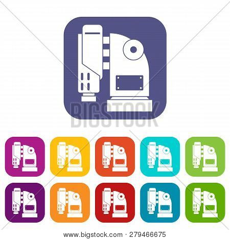 Pneumatic Hammer Machine Icons Set Illustration In Flat Style In Colors Red, Blue, Green And Other