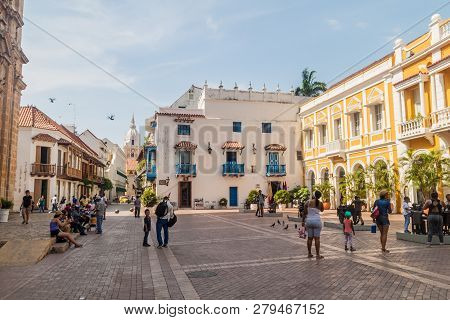 Cartagena De Indias, Colombia - Aug 28, 2015: Plaza De San Pedro Claver Square In Cartagena, Colombi