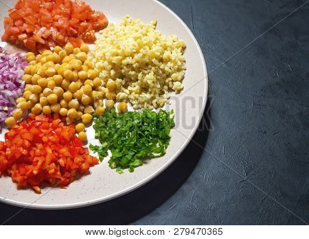 Arabic Food: Bulgur Wheat, Vegetable And Chickpea Pilaf. Set Of Ingredients.
