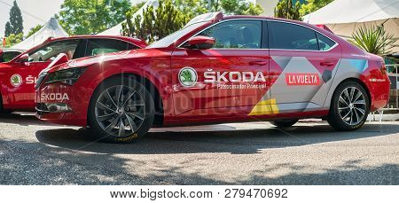 Marbella, Spain - August 26th, 2018. The Skoda Advertisement Cars Parked At The Start Of The Vuelta 