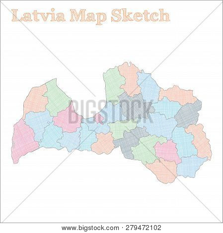 Latvia Map. Hand-drawn Country. Quaint Sketchy Latvia Map With Regions. Vector Illustration.