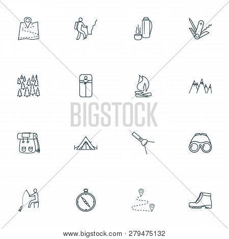 Activity Icons Line Style Set With Swiss Knife, Backpack, Binoculars And Other Bedroll Elements. Iso
