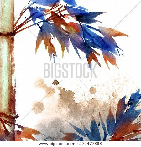 Watercolor And Ink Illustration Of Bamboo With Color Watersplashes. Oriental Traditional Painting In