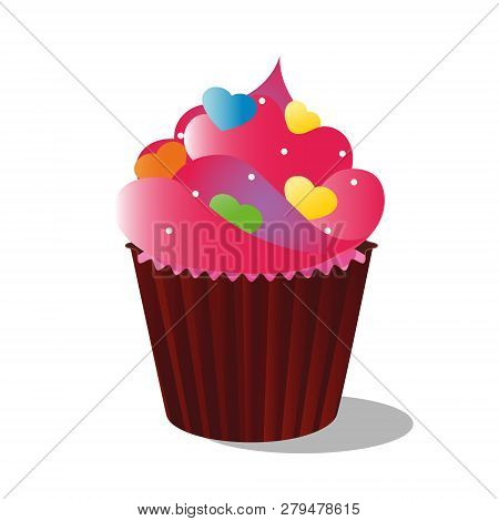 Vector Drawing Colorful Cupcake Of A Decorated With Decor, Cream And Chocolate, On White Background