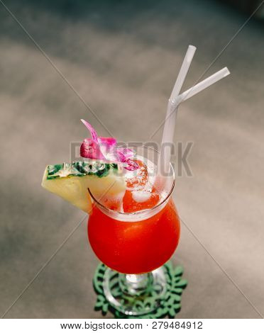 A Glass Of Mai Thai Cocktail At The Pool In A Family Hotel In Ko Samui, Thailand