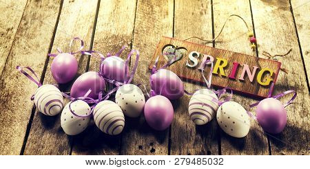 Beautiful Colorful Pastel Color Eggs On Wooden Background. Easter Or Spring Concept. Horizontal With