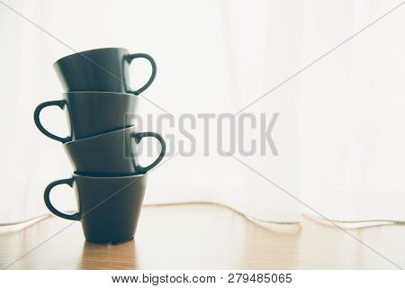 Black Coffee Cup At Window Side In Home - Vintage Filter Effect