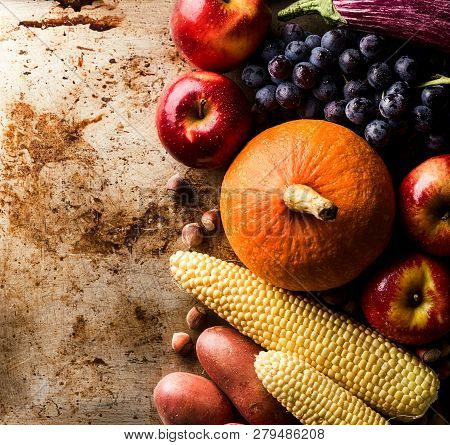 Tasty Appetizing Fresh Autumn Seasonal Vegetables Fruits On Old Background Top View Above Copy Space