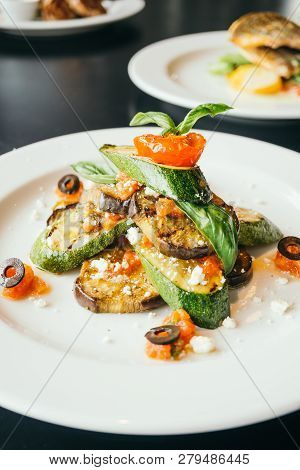 Eggplant Zucchini With Vegetable In White Plate