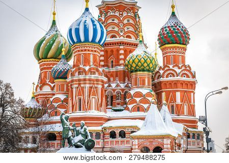 St Basil`s Cathedral On Red Square In Winter, Moscow, Russia. It Is An Old Landmark Of Moscow. Beaut
