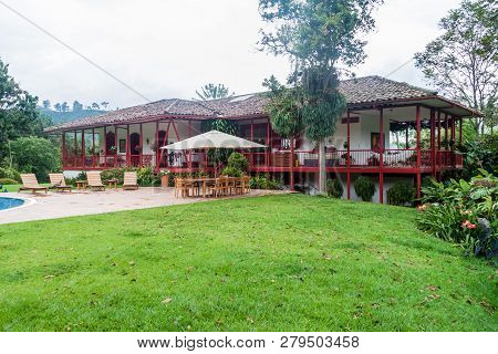 Manizales, Colombia - September 6, 2105: Main Building Of Hacinda Venecia Coffee Farm Hotel.