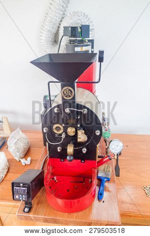 Manizales, Colombia - September 6, 2105: Coffee Roasting Machine At Hacinda Venecia Coffee Farm Hote