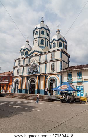 Filandia, Colombia - September 7, 2015: Sagrado Corazon Church In Filandia Village