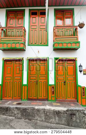 Colorful Decorated Houses In Salento Village, Colombia