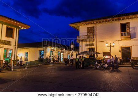 Salento, Colombia - September 7, 2015: Evening View Of Houses On The Main Square In Salento Village,