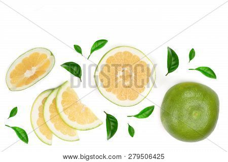 Citrus Sweetie Or Pomelit, Oroblanco With Leaf Isolated On White Background With Copy Space For Your