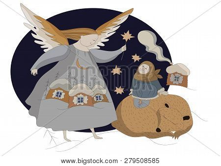Winter Tale. Cute Christmas Card In Vector. Bright Festive Background With Little Sweet Angel. Angel