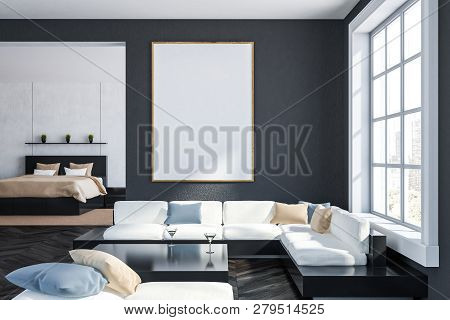 Interior Of Living Room With Gray Walls, Dark Wooden Floor, White And Black Sofa Standing Near Squar
