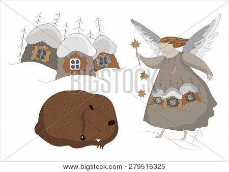 Winter Tale. Cute Christmas Card In Vector. Bright Festive Background With Little Sweet Angel. Angel