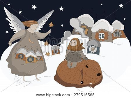 Winter Tale. Cute Christmas Card In Vector. Bright Festive Background With Little Sweet Angel. Angel