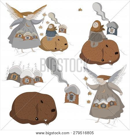 Winter Tale. Cute Christmas Card In Vector. Bright Festive Background With Little Sweet Angel. Angel