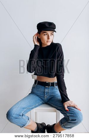Beautiful Girl In A Black Cap, Black Golf, Blue Jeans! Natural Light, Smart Casua, Street Casual