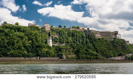 Koblenz, Germany May 2018. Panoramic View Of The Ehrenbreitstein Fortress On The Side Of River Rhine
