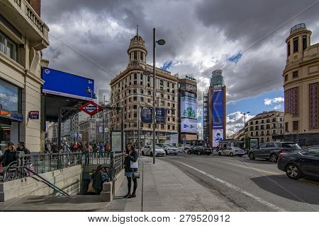 Tourists In The Square Of The Callao In The Historic Center Of Madrid