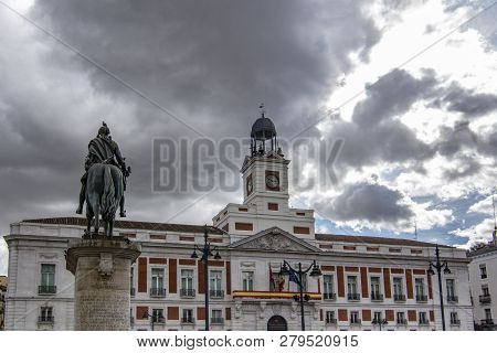Casa De Correos And The Equestrian Statue Of Carlos Iii In Madrid, Spain