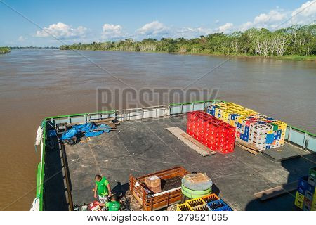 Amazon, Brazil - June 23, 2015: Cargo Deck Of The Boat Diamante Which Plies River Amazon Between Tab