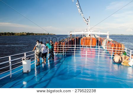 Amazon, Brazil - June 27, 2015: Upper Deck Of The Boat Anna Karoline Ii Which Plies River Amazon Bet