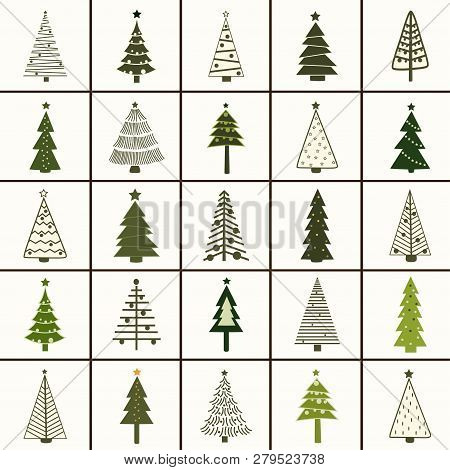 Set Of Cute Cartoon Christmas Trees In 25 Squares