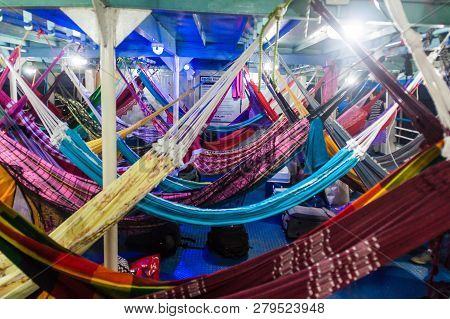 Amazon, Brazil - June 29, 2015:  Hammock Deck At A River Boat Which Plies River Amazon Between Santa
