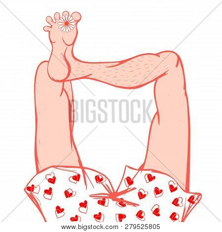 Lower Part Of The Male Body In Shorts With A Pattern Of Hearts. Relax On The Beach.