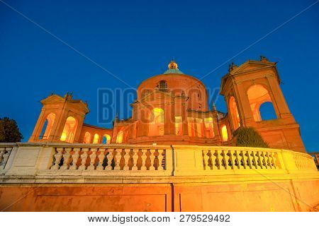 Sanctuary Of Madonna Di San Luca With Bell Tower And Dome, Illuminated At Blue Hour. Blessed Virgin 