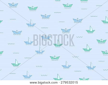 Paper Ship On Water Waves Seamless Pattern. Blue Sketch Origami Ships, Boats, Cute Doodle Baby Eleme