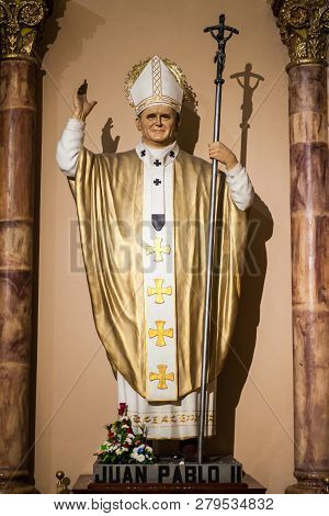 Cuenca, Ecuador - June 17, 2015: Pope John Paul Ii Statue In New Cathedral Catedral De La Inmaculada