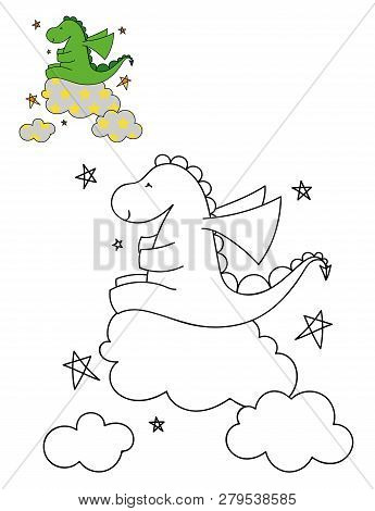 Coloring Page Outline Of Cartoon Cute Dinosaur On A Cloud. Hand Drawn Vector Illustration. Coloring 