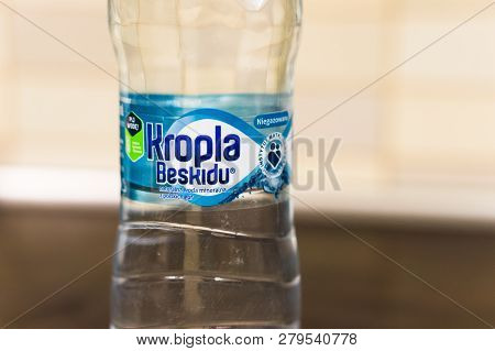Poznan, Poland - November 17, 2018: Polish Kropla Beskidu Natural Water In A Plastic Bottle.