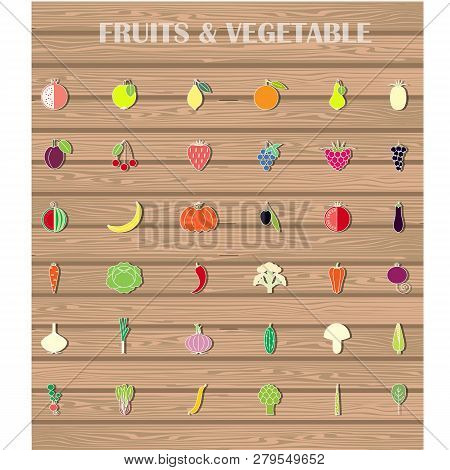 Colorful Set Fruits And Vegetables Icons On Wood Board Brown Background. Design Element Flat Design 