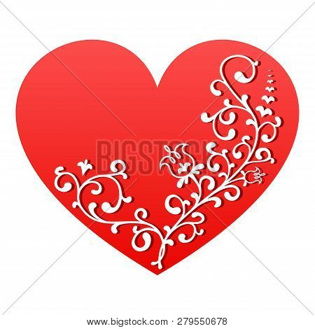 Red Heart With White Floral Ornament. Vector Valentine Symbol