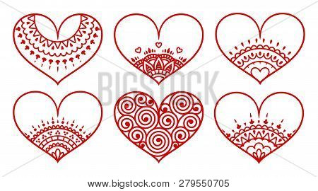Set Of Red Decorated Hearts With Ornament On White Background. Valentine's Day Symbol
